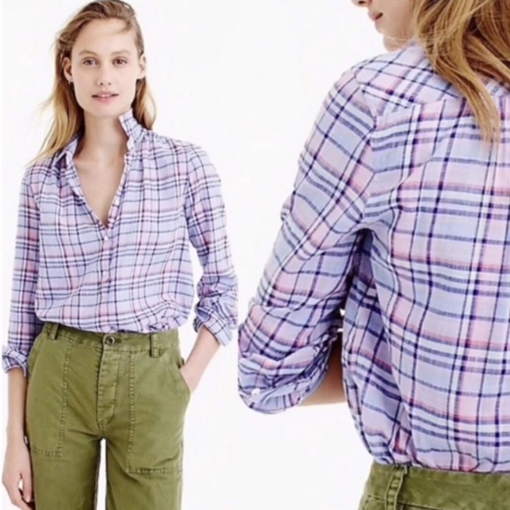J. Crew Women's Gathered Henley Lilac Plaid Shirt